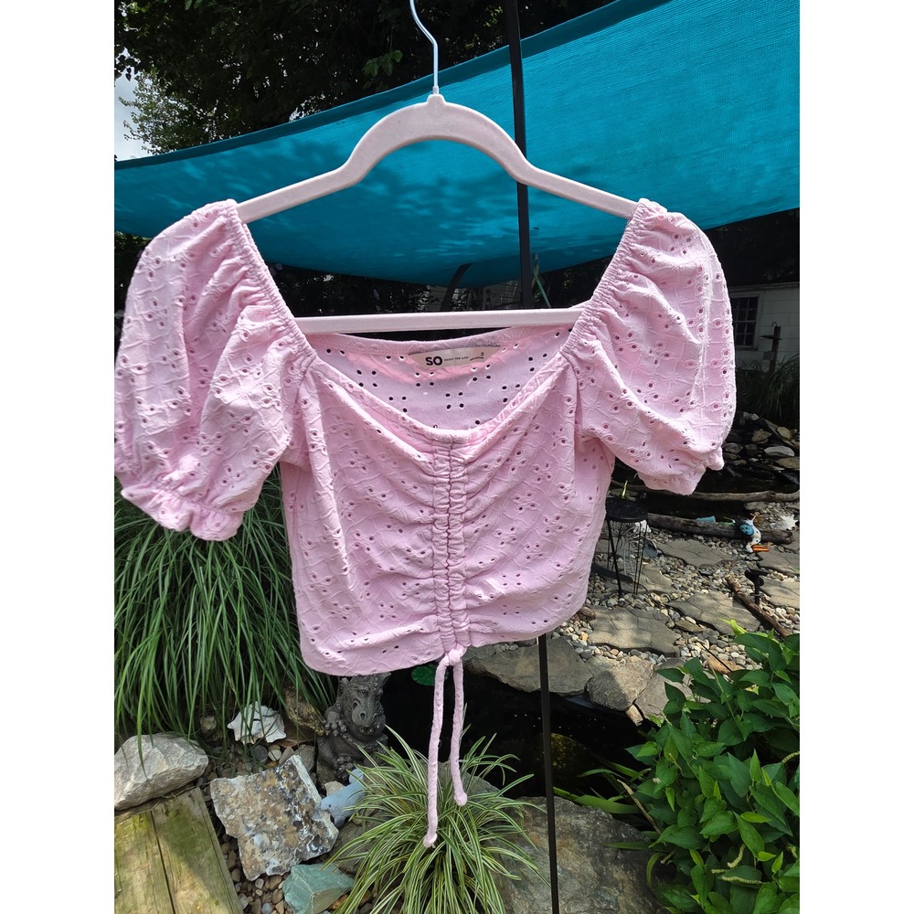 SO‎ Pink Eyelet Puff Sleeve Crop Top Cinched Front Cottagecore Small
